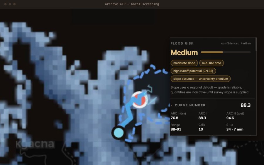 Wasser by Archeve running as a desktop application, with a layer panel and a flood map